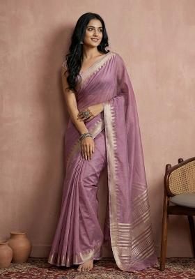 Purple Woven Zari Work Poly Cotton Saree Set