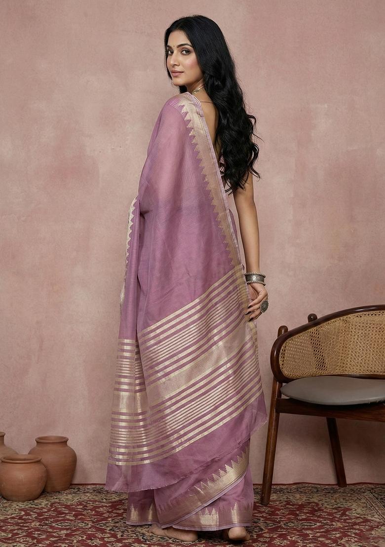 Purple Woven Zari Work Poly Cotton Saree Set - Indya