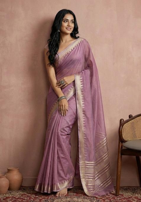Purple Woven Zari Work Poly Cotton Saree Set