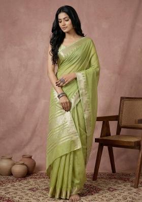 Light Green Woven Zari Work Poly Cotton Saree Set