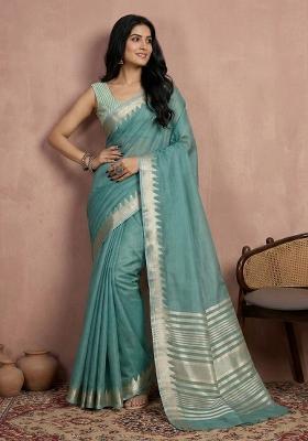 Teal Woven Zari Work Poly Cotton Saree Set