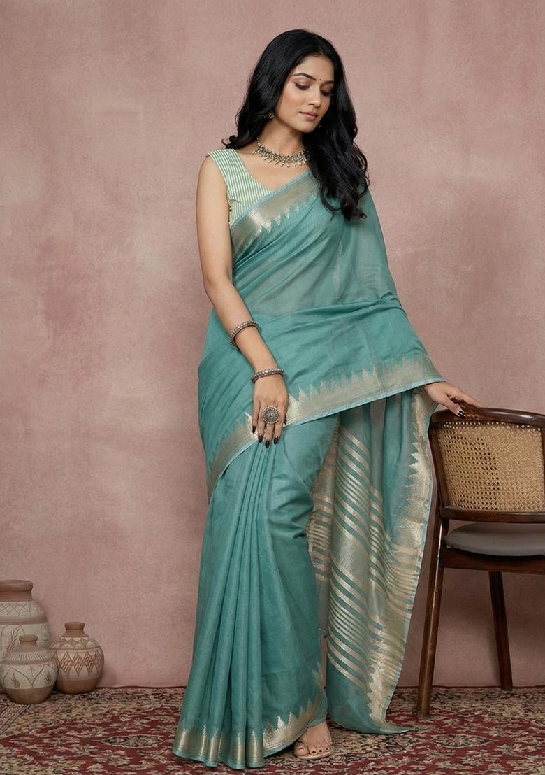 Teal Woven Zari Work Poly Cotton Saree Set - Indya