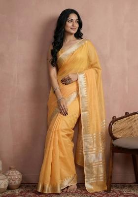 Mustard Woven Zari Work Poly Cotton Saree Set