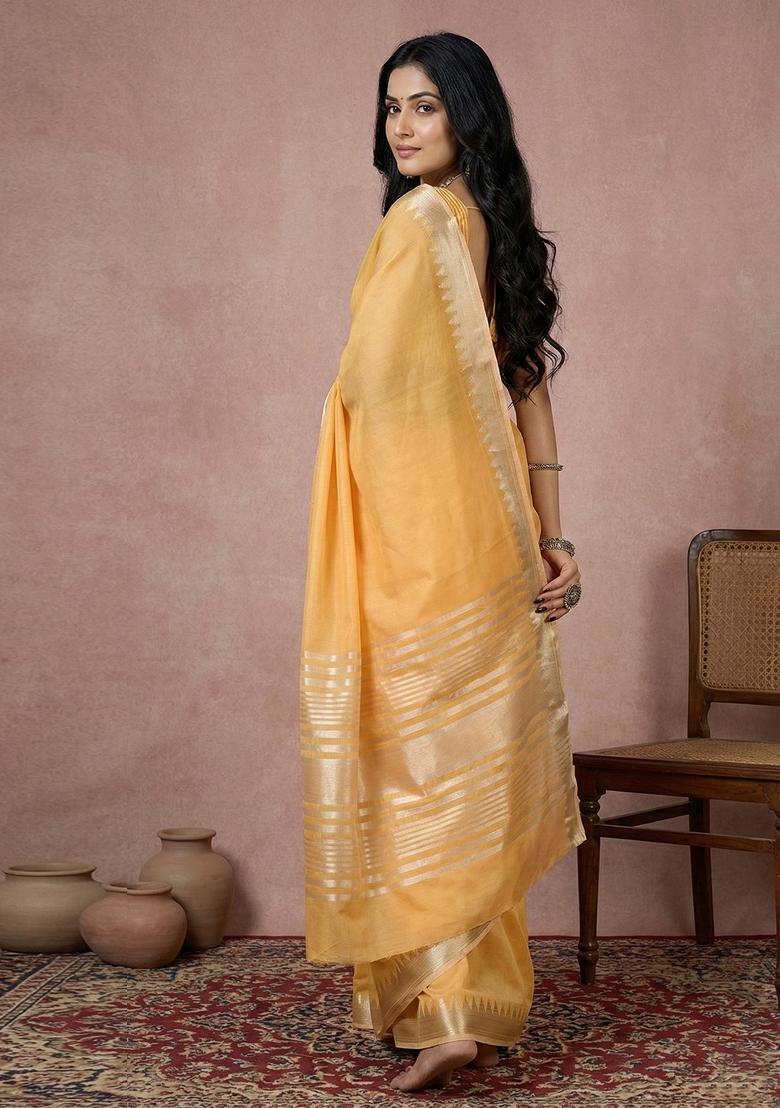 Mustard Woven Zari Work Poly Cotton Saree Set - Indya