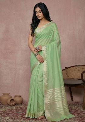 Parrot Green Woven Zari Work Poly Cotton Saree Set