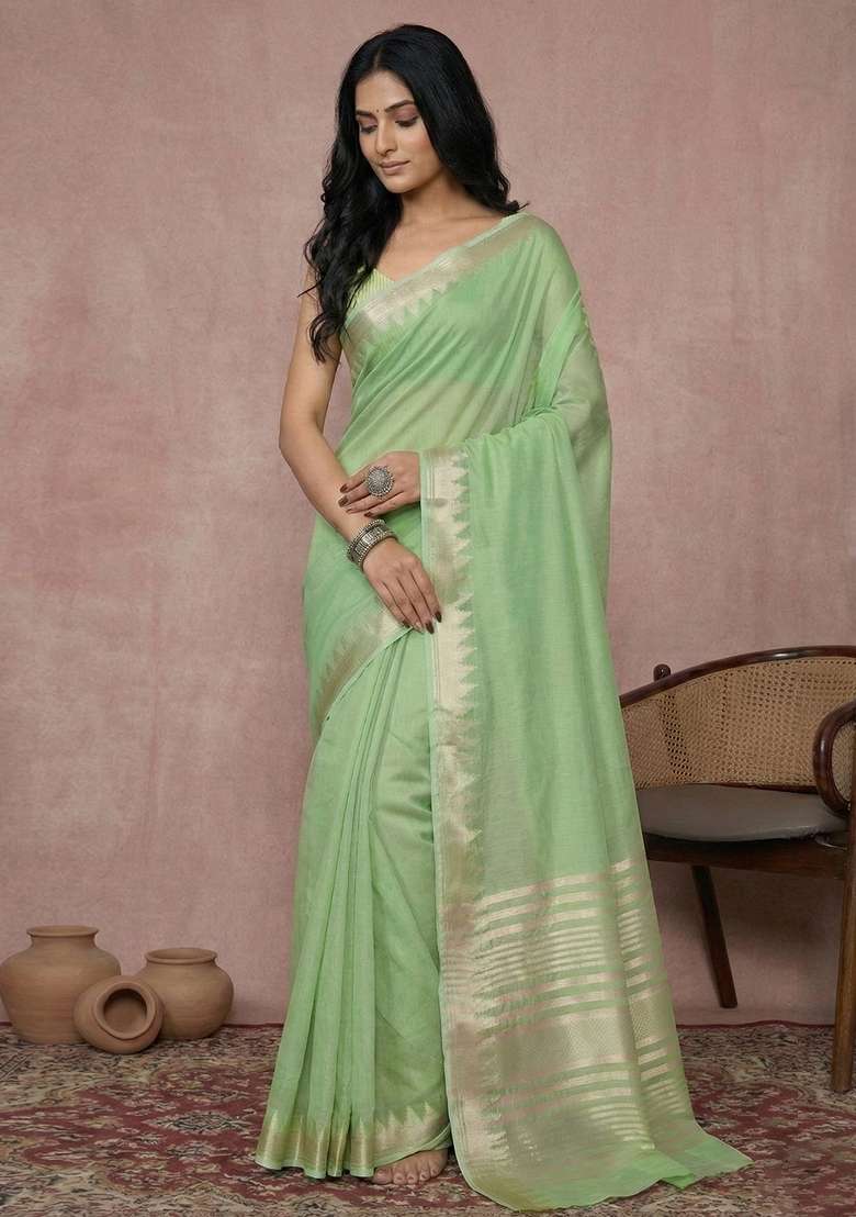 Parrot Green Woven Zari Work Poly Cotton Saree Set for Diwali and Festive Wear - Indya