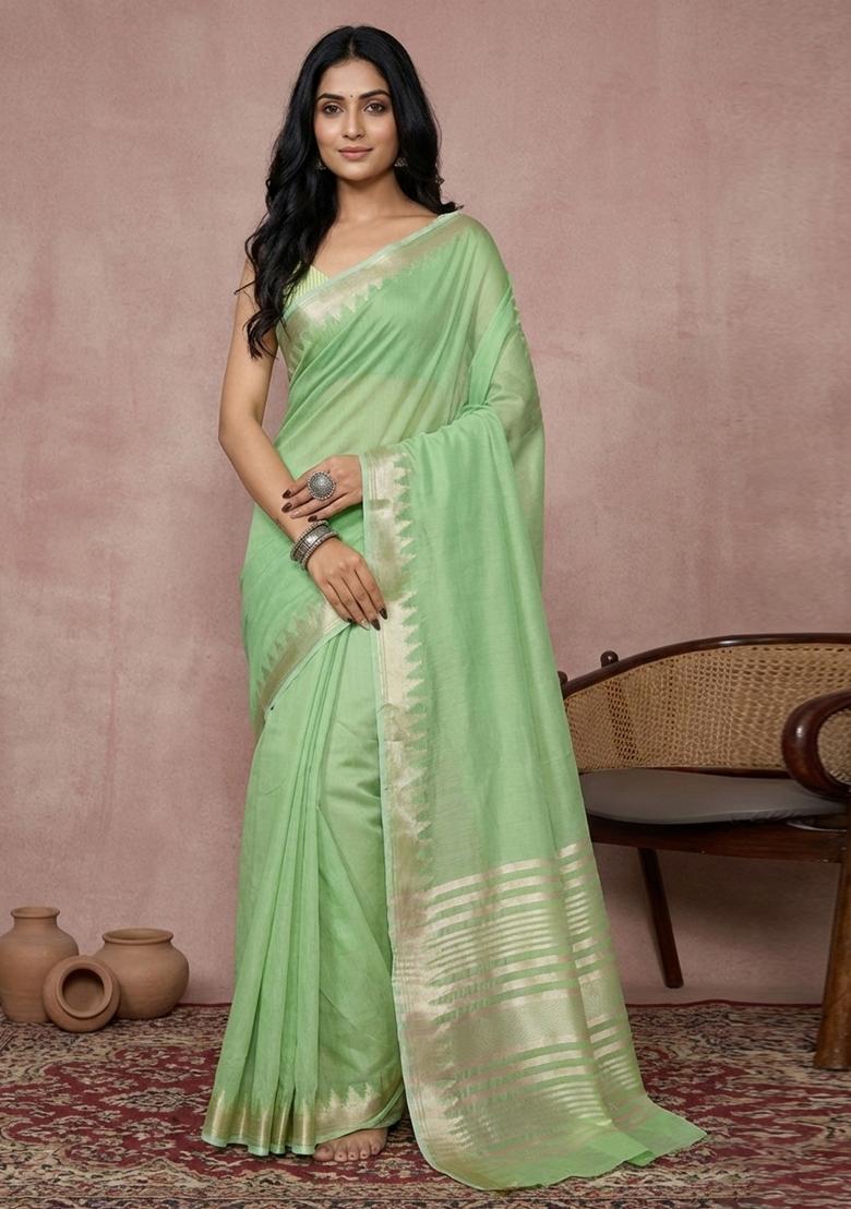 Parrot Green Woven Zari Work Poly Cotton Saree Set - Indya