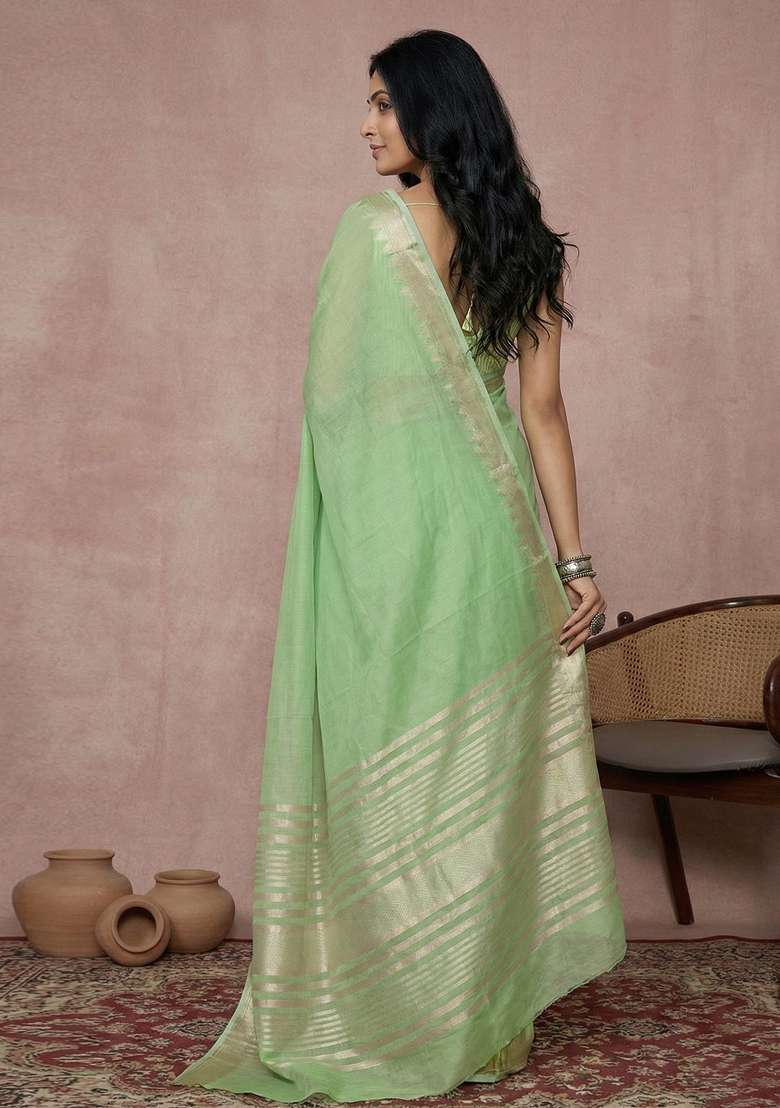 Parrot Green Woven Zari Work Poly Cotton Saree Set for Diwali and Festive Wear - Indya