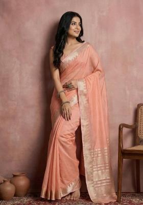 Peach Woven Zari Work Poly Cotton Saree Set