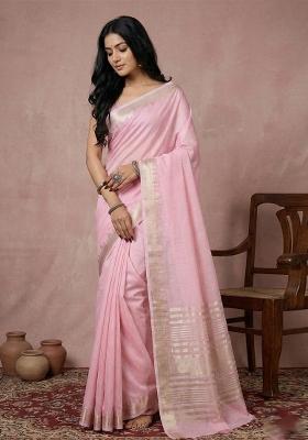 Pink Woven Zari Work Poly Cotton Saree Set