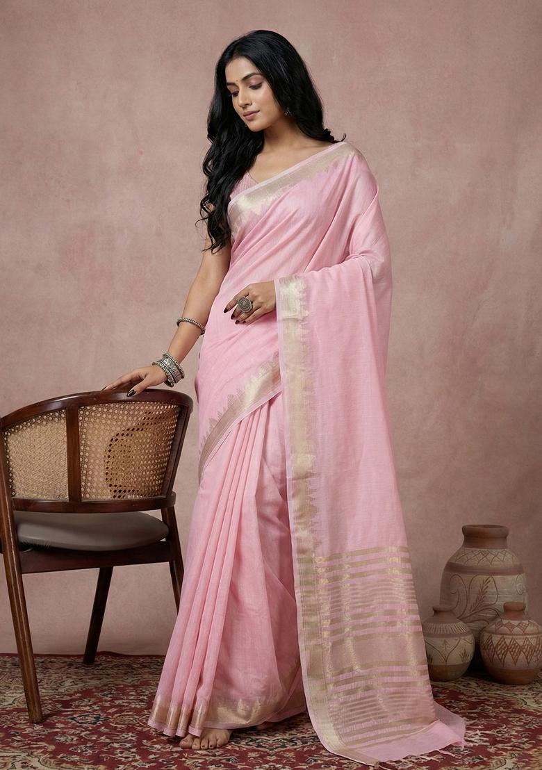 Pink Woven Zari Work Poly Cotton Saree Set - Indya