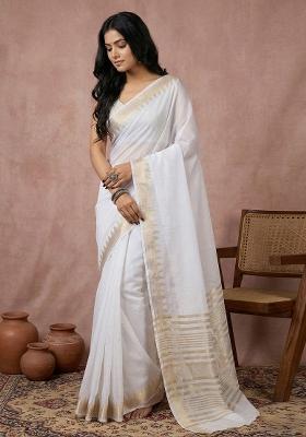 White Woven Zari Work Poly Cotton Saree Set