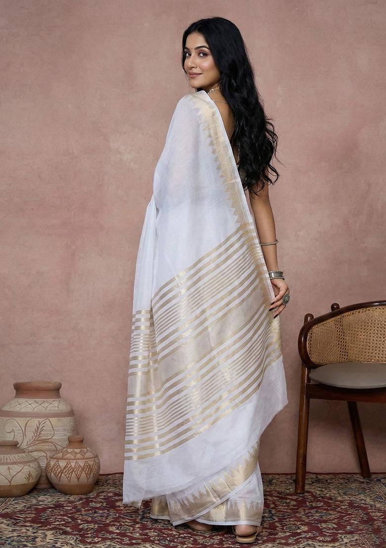 White Woven Zari Work Poly Cotton Saree Set - Indya