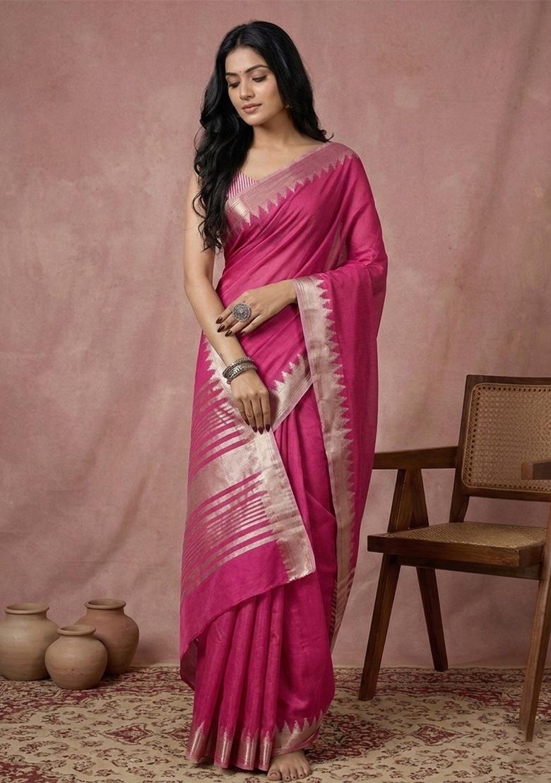 Magenta Woven Zari Work Poly Cotton Saree Set - Indya