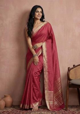 Red Woven Zari Work Poly Cotton Saree Set