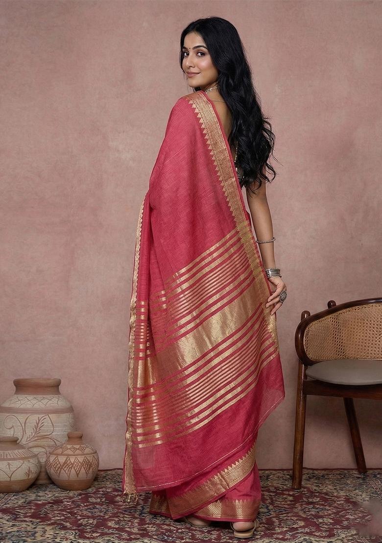 Red Woven Zari Work Poly Cotton Saree Set - Indya