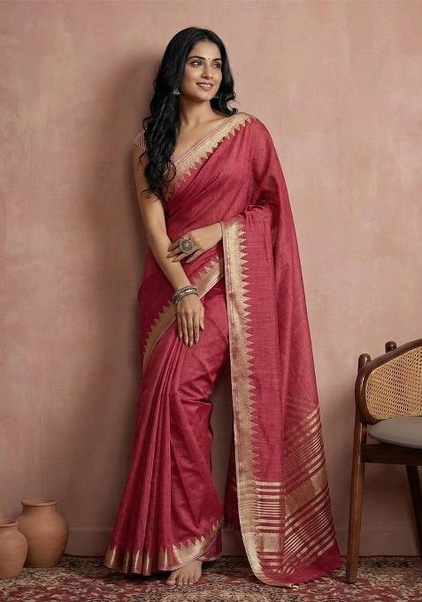 Red Woven Zari Work Poly Cotton Saree Set