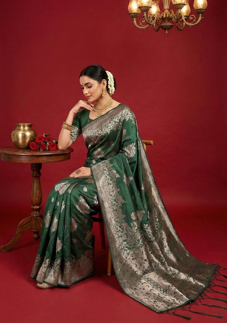 Dark Green Woven Zari Work Banarasi Silk Saree Set - Indya