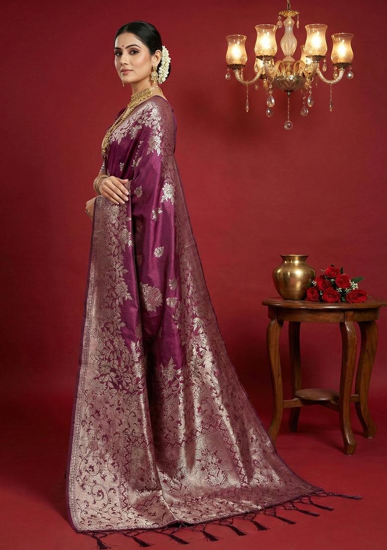 Purple Woven Zari Work Banarasi Silk Saree Set - Indya