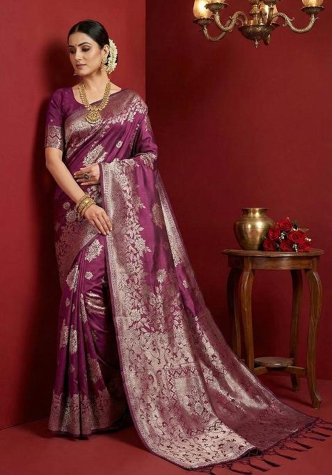 Purple Woven Zari Work Banarasi Silk Blend Saree Set