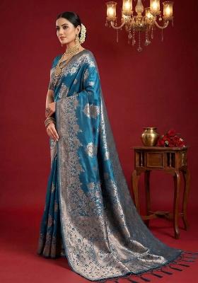 Teal Woven Zari Work Banarasi Silk Saree Set