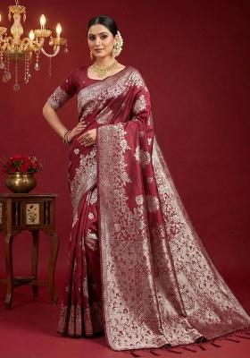 Maroon Woven Zari Work Banarasi Silk Saree Set