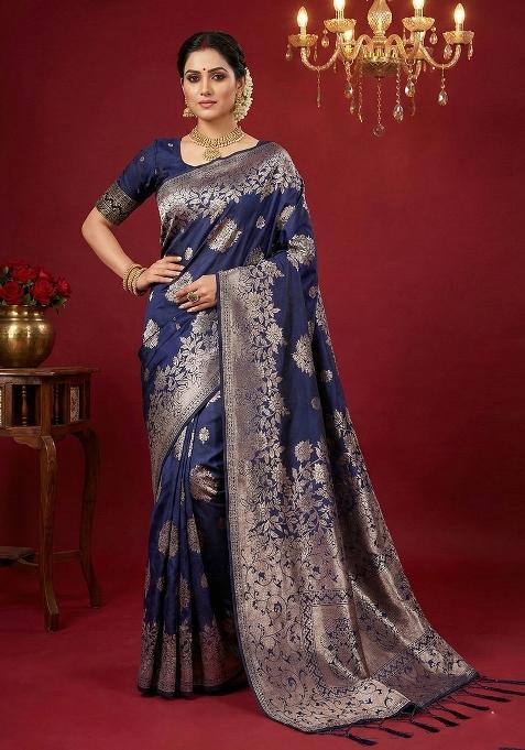 Navy Blue Woven Zari Work Banarasi Silk Saree Set — view on Indya