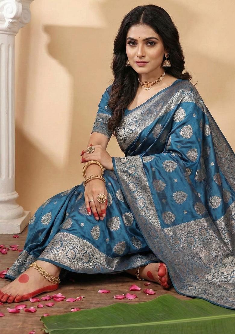 Teal Woven Zari Work Banarasi Silk Saree Set - Indya