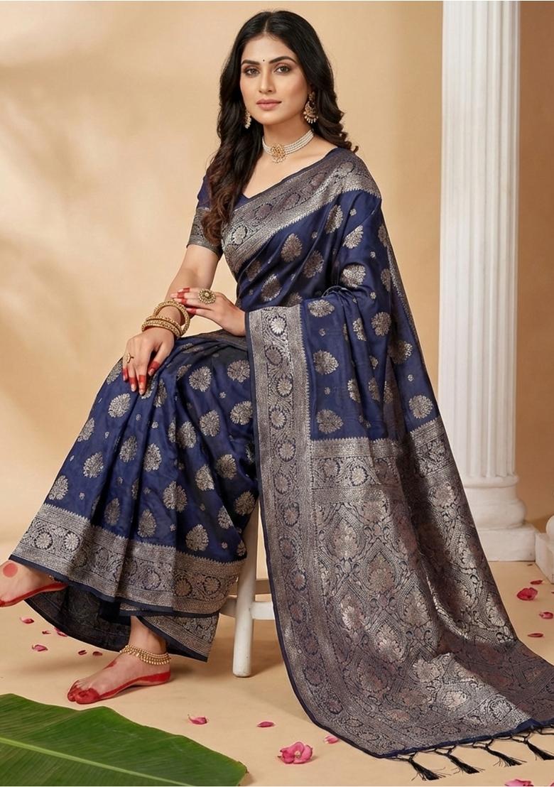 Navy Blue Woven Zari Work Banarasi Silk Saree Set - Indya