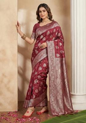 Maroon Woven Zari Work Banarasi Silk Saree Set