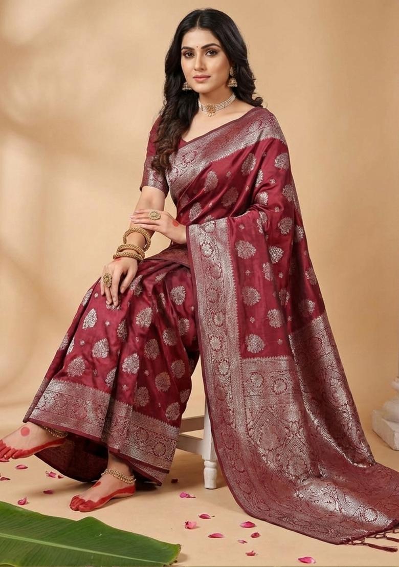 Maroon Woven Zari Work Banarasi Silk Saree Set - Indya