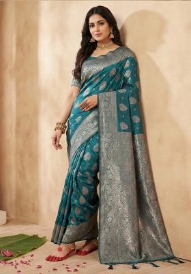 Sea Green Woven Zari Work Banarasi Silk Saree Set