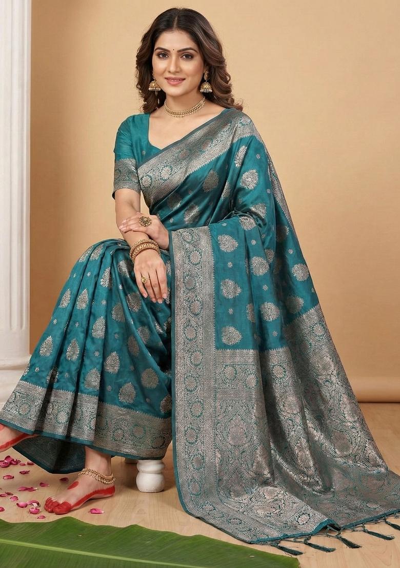 Sea Green Woven Zari Work Banarasi Silk Saree Set - Indya