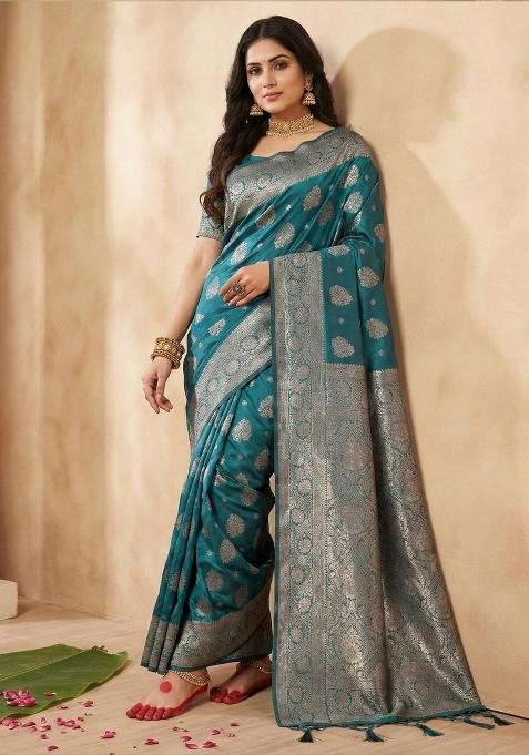 Sea Green Woven Zari Work Banarasi Silk Blend Saree Set
