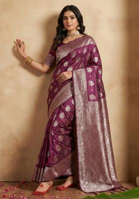 Purple Woven Zari Work Banarasi Silk Saree Set