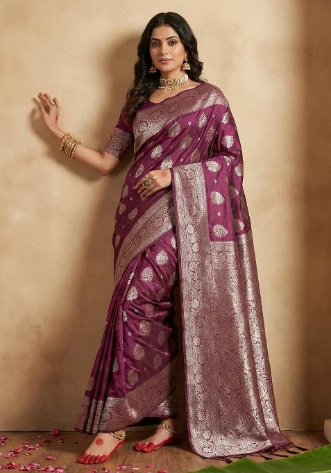 Purple Woven Zari Work Banarasi Silk Blend Saree Set