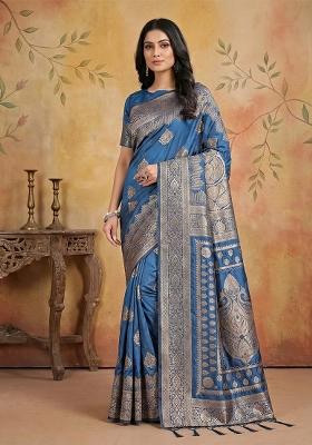 Sky Blue Woven Zari Work Banarasi Silk Saree Set