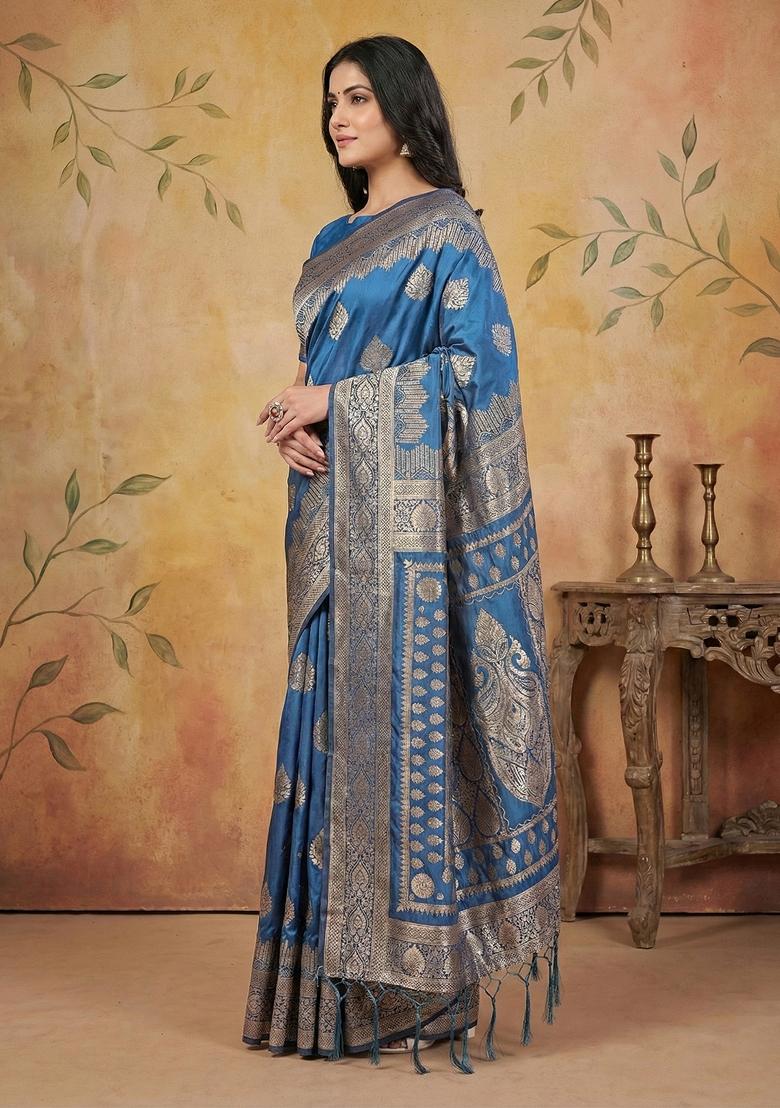 Sky Blue Woven Zari Work Banarasi Silk Saree Set - Indya