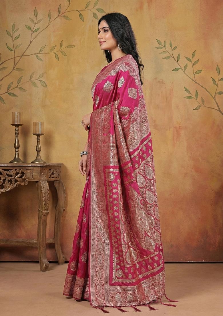 Magenta Woven Zari Work Banarasi Silk Saree Set - Indya