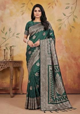 Green Woven Zari Work Banarasi Silk Saree Set
