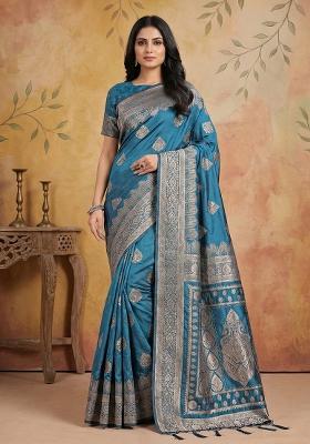 Teal Woven Zari Work Banarasi Silk Saree Set