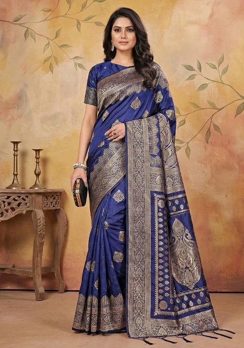 Navy Blue Woven Zari Work Banarasi Silk Saree Set