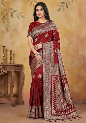 Maroon Woven Zari Work Banarasi Silk Saree Set