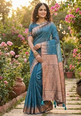 Blue Woven Zari Work Poly Cotton Saree Set