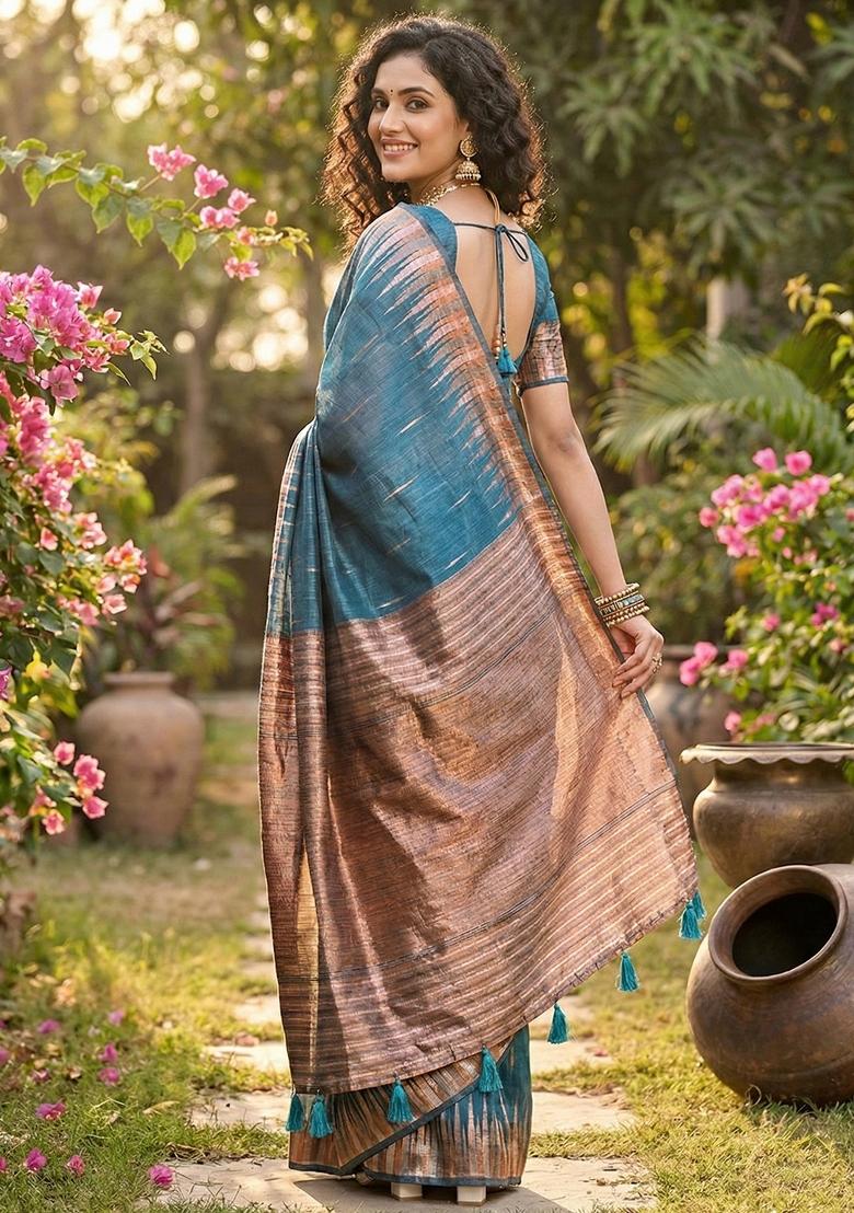 Blue Woven Zari Work Poly Cotton Saree Set - Indya