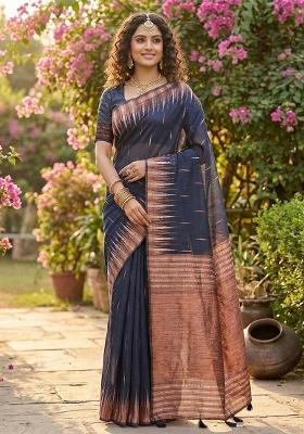 Navy Blue Woven Zari Work Poly Cotton Saree Set