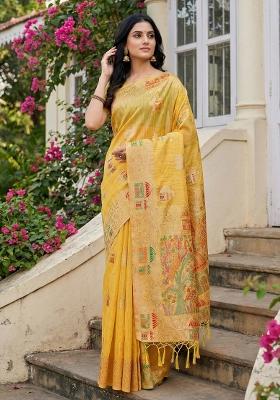 Yellow Woven Zari Work Poly Cotton Saree Set