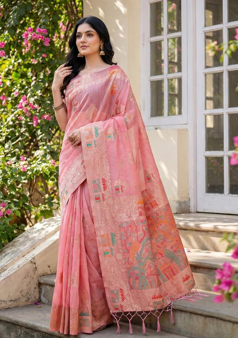 Pink Woven Zari Work Poly Cotton Saree Set - Indya