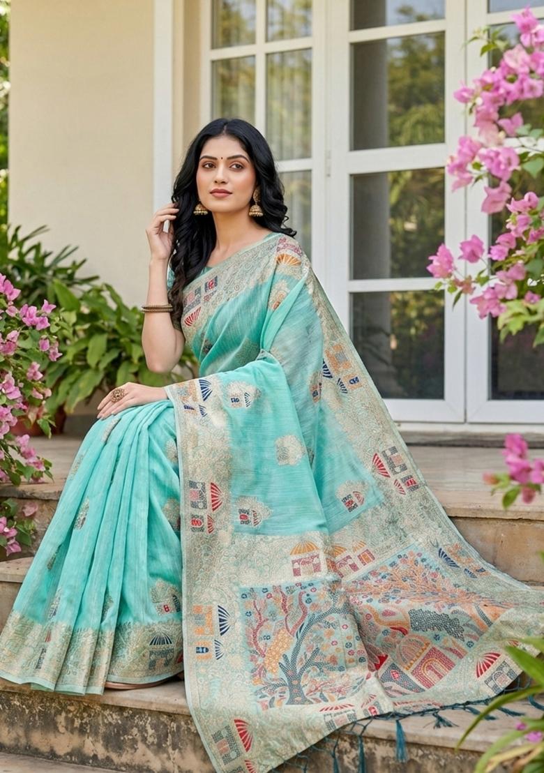Sea Green Woven Zari Work Poly Cotton Saree Set - Indya