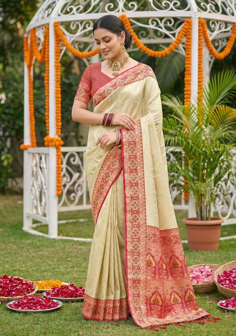 Red Woven Zari Work Banarasi Silk Saree Set - Indya
